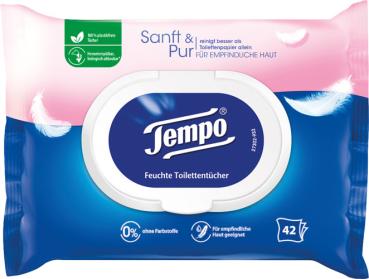 Tempo Feucht Sanft & Pur für empfindliche Haut, Feuchte Toilettentücher, Nachfüllung, 42 Stück Packung