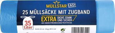 müllstar easy Müllsäcke 35 Liter, mit Zugband, blau/transparent, extra dicht, stark und sicher, 25 Stück