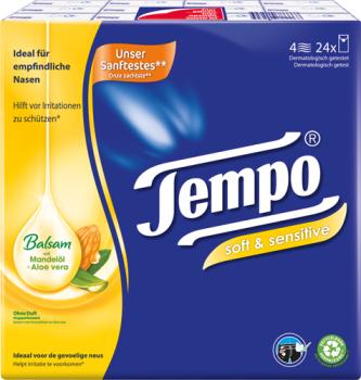 Tempo Soft & Sensitive Balsam Taschentücher mit Mandelöl & Aloe Vera, 4-lagig, 24 x 9 Stück, waschmaschinenfest