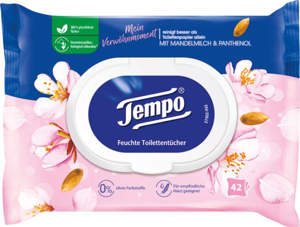Tempo Feucht Verwöhnmoment Mandelmilch & Panthenol, Feuchte Toilettentücher, Nachfüllung, 42 Stück