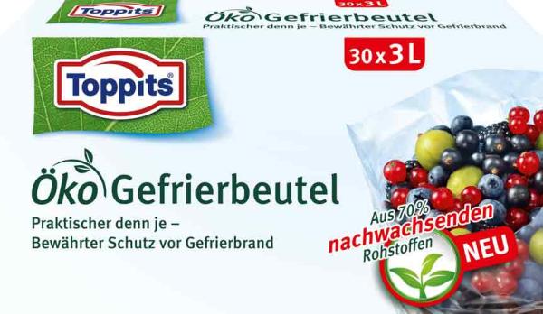 Toppits Gefrierbeutel ÖKO 3 Liter, aus 70 % nachwachsenden Rohstoffen, 32,5 cm breit, 30 Stück