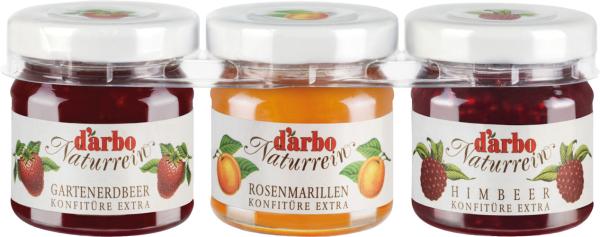 Darbo Naturrein Mini-Konfitüren (Gartenerdbeer, Rosenmarillen, Himbeer), 3 x 40 g Glas