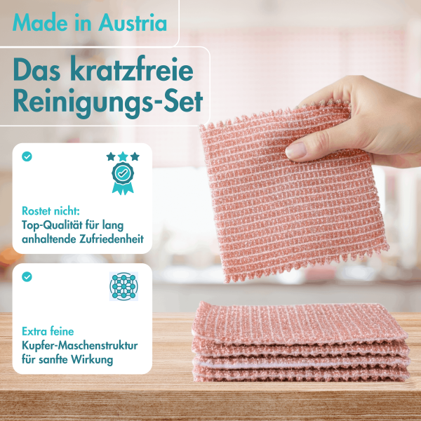 Haushalt und Genuss Kupfertuch 5 Stück Set Kratzfrei für Edelstahl Ceranfeld Glas & Grillrost Kupferlappen ca. 15x15 cm rostet nicht langlebig & umweltfreundlich, 80g